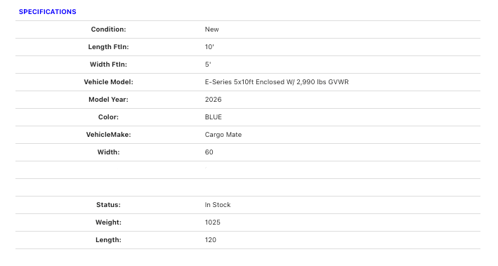 Enclosed Trailer Blue E-Series 5x10ft