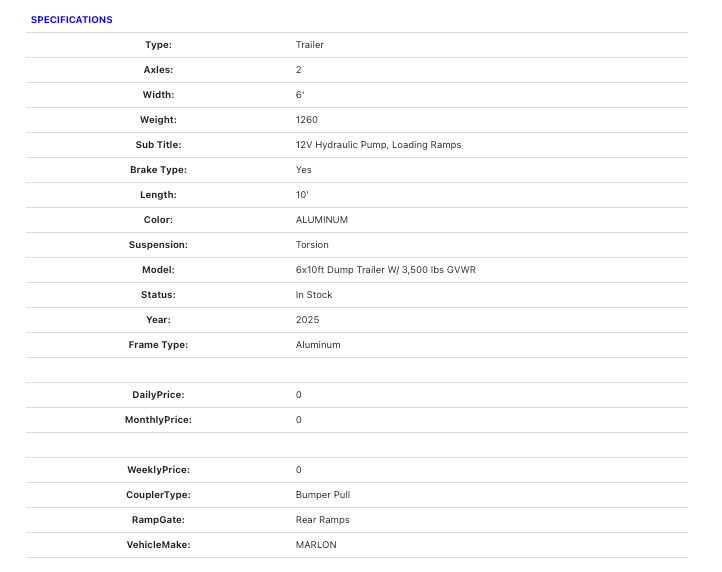 Dump Trailer Aluminum 6X10ft