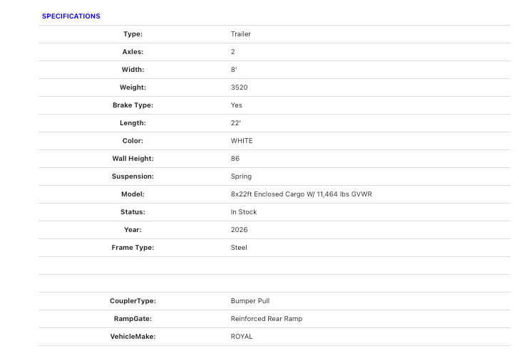 Enclosed Trailer 8x22ft